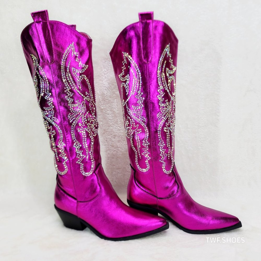 Razzle Metallic Pink Fuchsia Country Western Cowgirl Knee Boot Rhinestone Dazzle